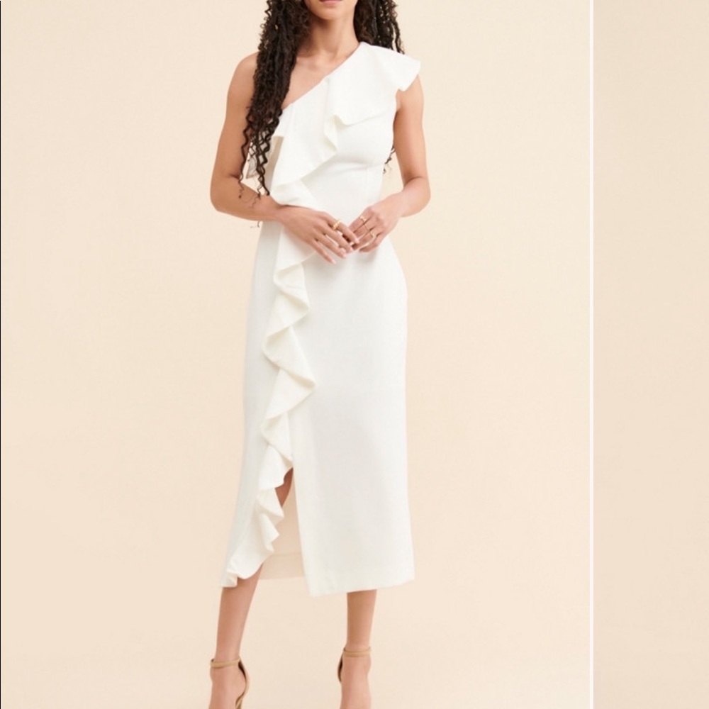 One shoulder ruffle dress white